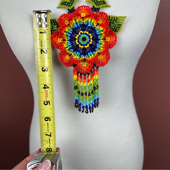Huichol necklace Multicolor flower beaded necklace mexican style tassel - Picture 6 of 6